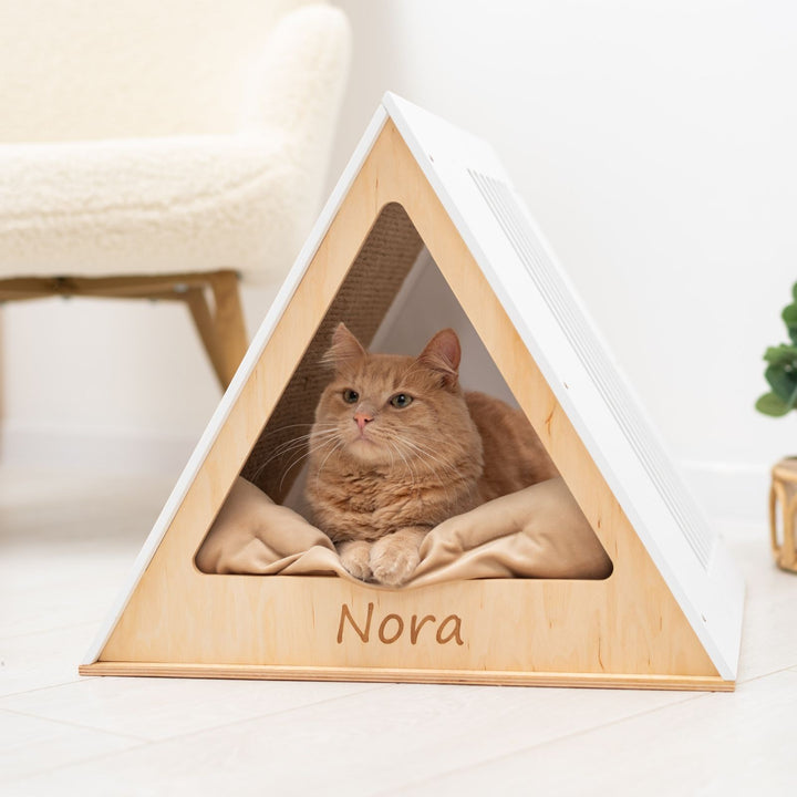Sea Dragon Dreams modern white triangular wooden cat house with a personalized name and a ginger cat resting inside.