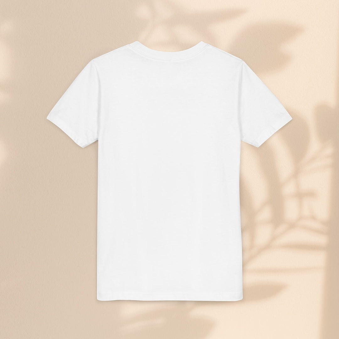 Sea Dragon Dreams plain white youth t-shirt, back view, soft cotton blend fabric against a neutral wall background.