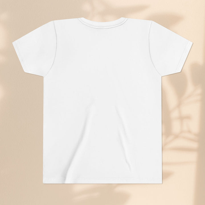 Sea Dragon Dreams plain white youth t-shirt, back view, soft cotton blend fabric on a neutral background.