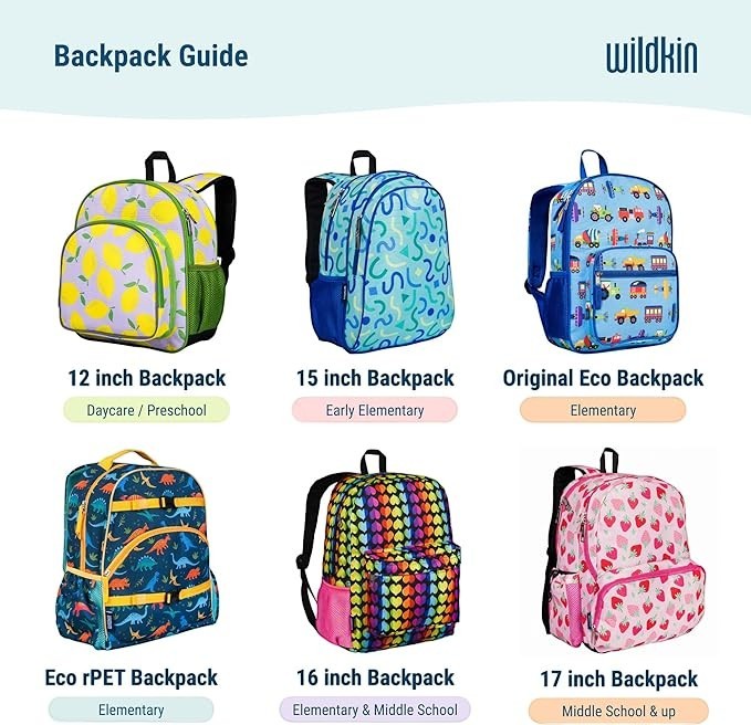 Sea Dragon Dreams Wildkin backpack size guide showing various colorful patterns and styles for kids of all ages.