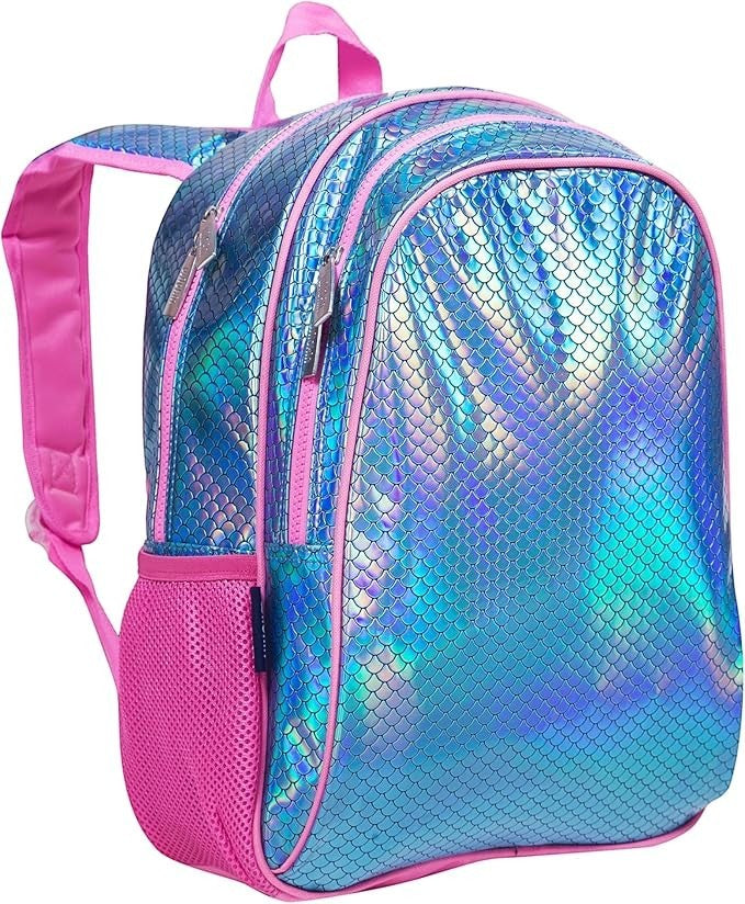 Sea Dragon Dreams Wildkin 15-inch kids backpack featuring a vibrant iridescent blue and purple mermaid scale pattern.