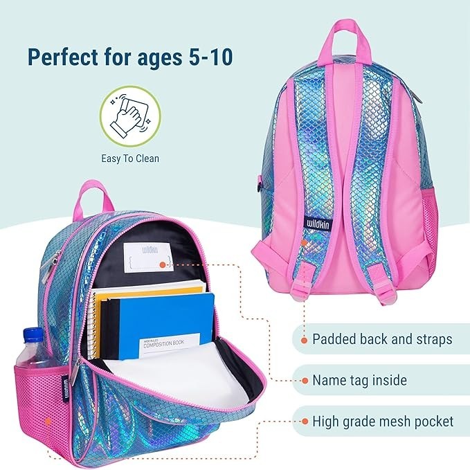 Sea Dragon Dreams Wildkin 15-inch kids backpack with mermaid scale pattern, padded straps, and mesh side pocket.