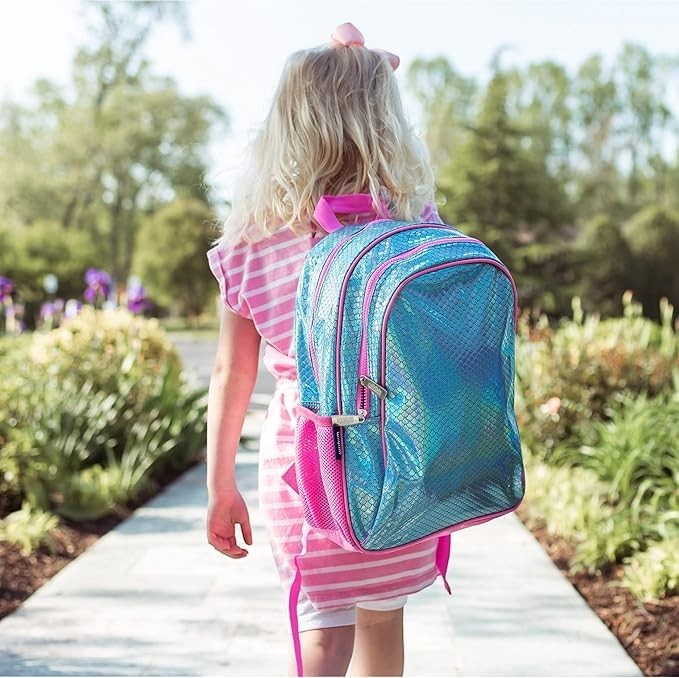 Young girl wearing a Sea Dragon Dreams Wildkin 15-inch backpack with a colorful, iridescent mermaid scale pattern.