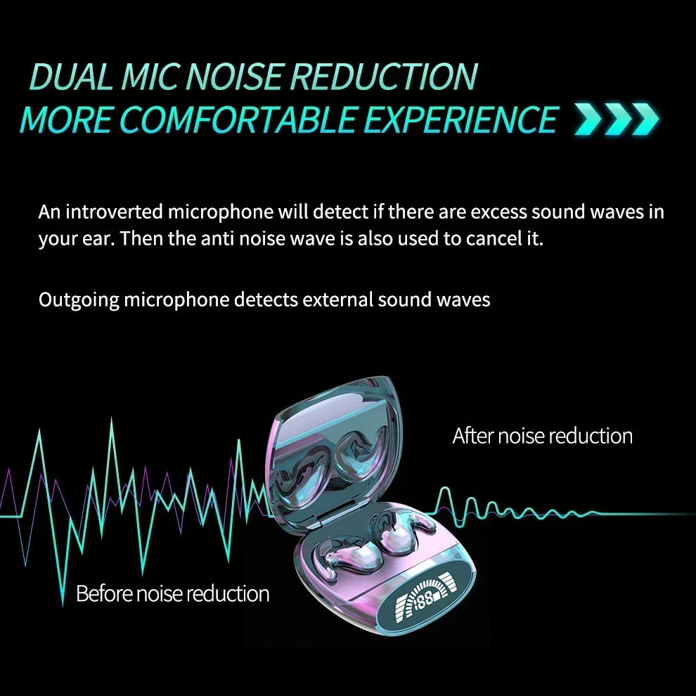 Sea Dragon Dreams ultra-thin wireless sleep earbuds in a charging case with a digital battery display and noise reduction