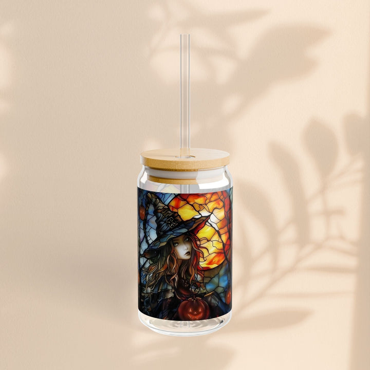 Sea Dragon Dreams 16oz Witches Brew glass sipper with bamboo lid, clear straw, and stained glass style witch design.