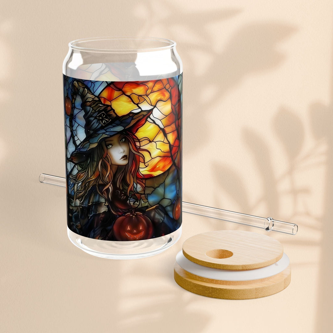 Sea Dragon Dreams 16oz clear glass sipper with Witches Brew stained glass design, bamboo lid, and Tritan straw.