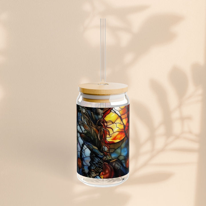 Sea Dragon Dreams 16oz Witches Brew glass tumbler with bamboo lid and clear straw against a neutral background.