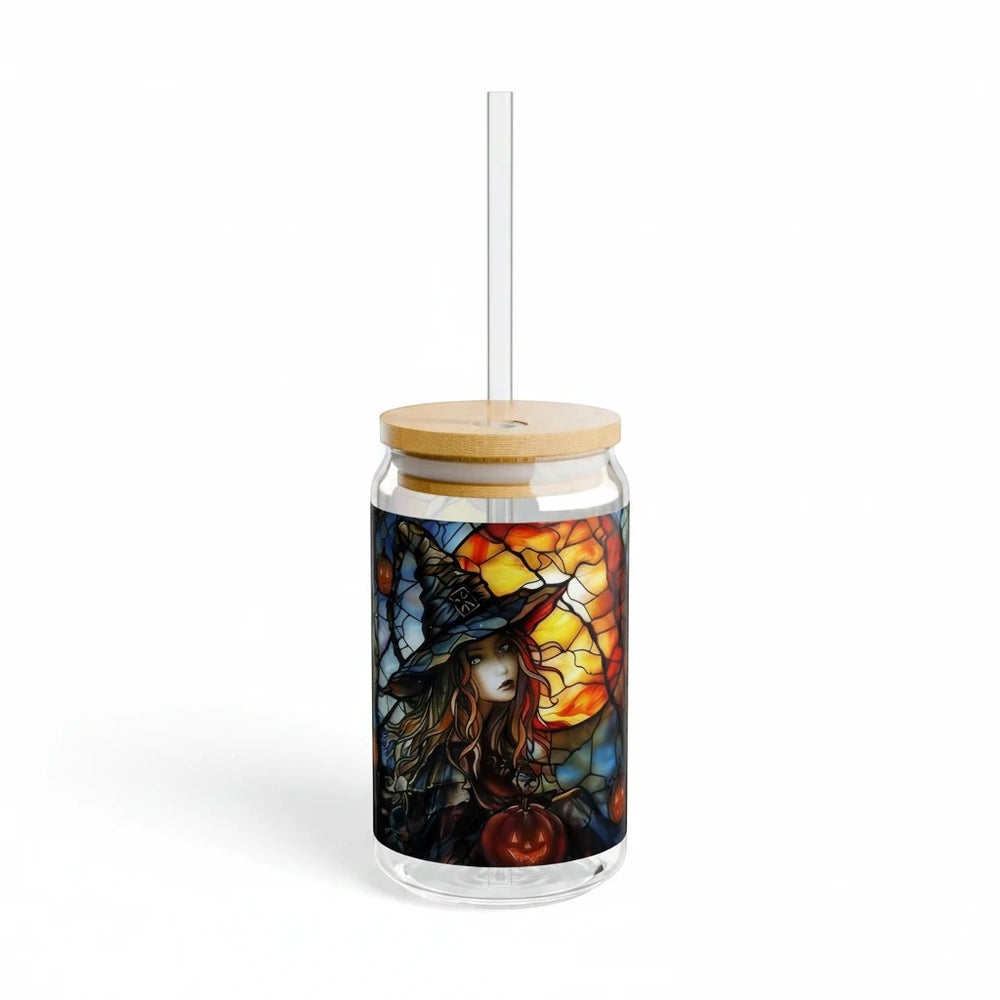 Sea Dragon Dreams 16oz clear glass sipper with Witches Brew stained glass design, bamboo lid, and Tritan straw.