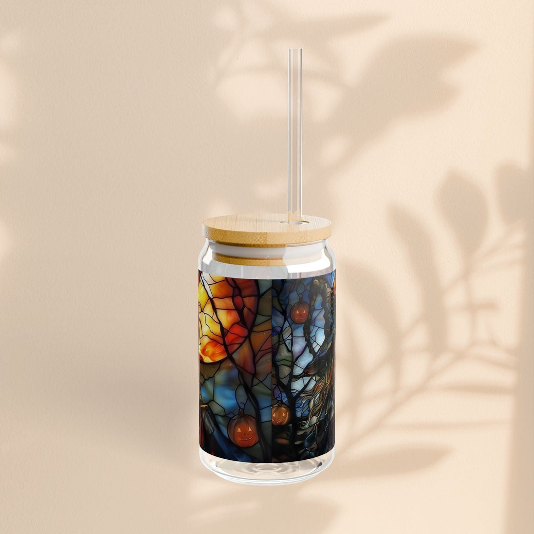 Sea Dragon Dreams 16oz Witches Brew glass sipper with bamboo lid and clear straw against a neutral background.