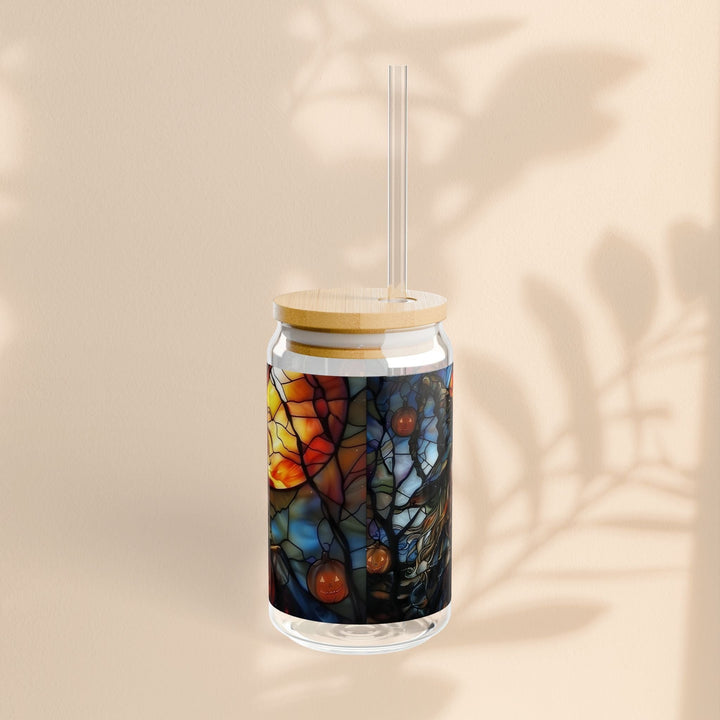 Sea Dragon Dreams 16oz Witches Brew glass sipper with bamboo lid and clear straw against a neutral background.