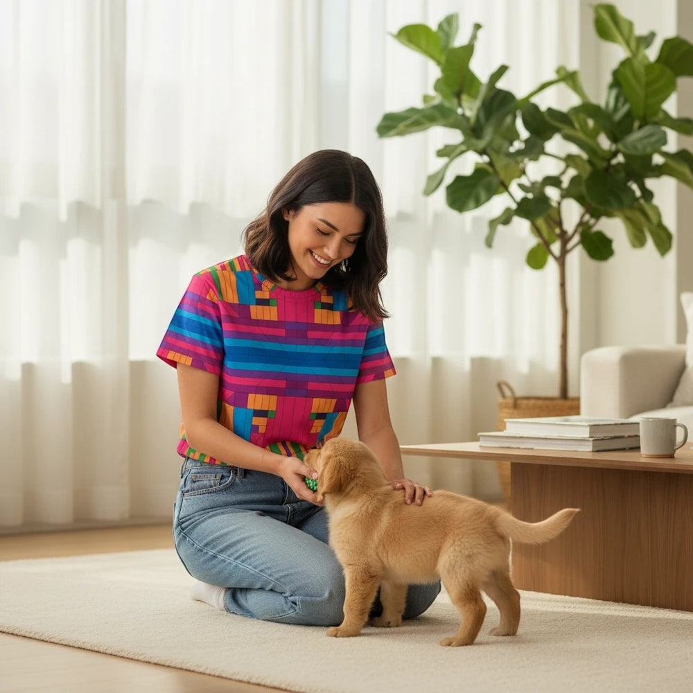 Sea Dragon Dreams women's athletic jersey with vibrant geometric print, worn by a woman playing with a golden puppy.