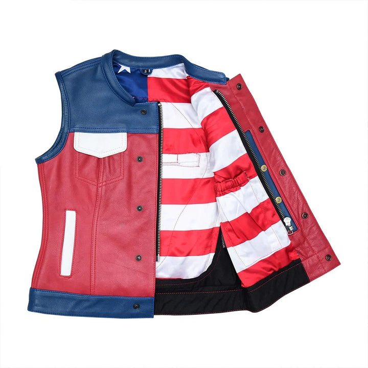 Sea Dragon Dreams women's motorcycle leather vest in red, white, and navy blue with a USA flag satin interior lining.