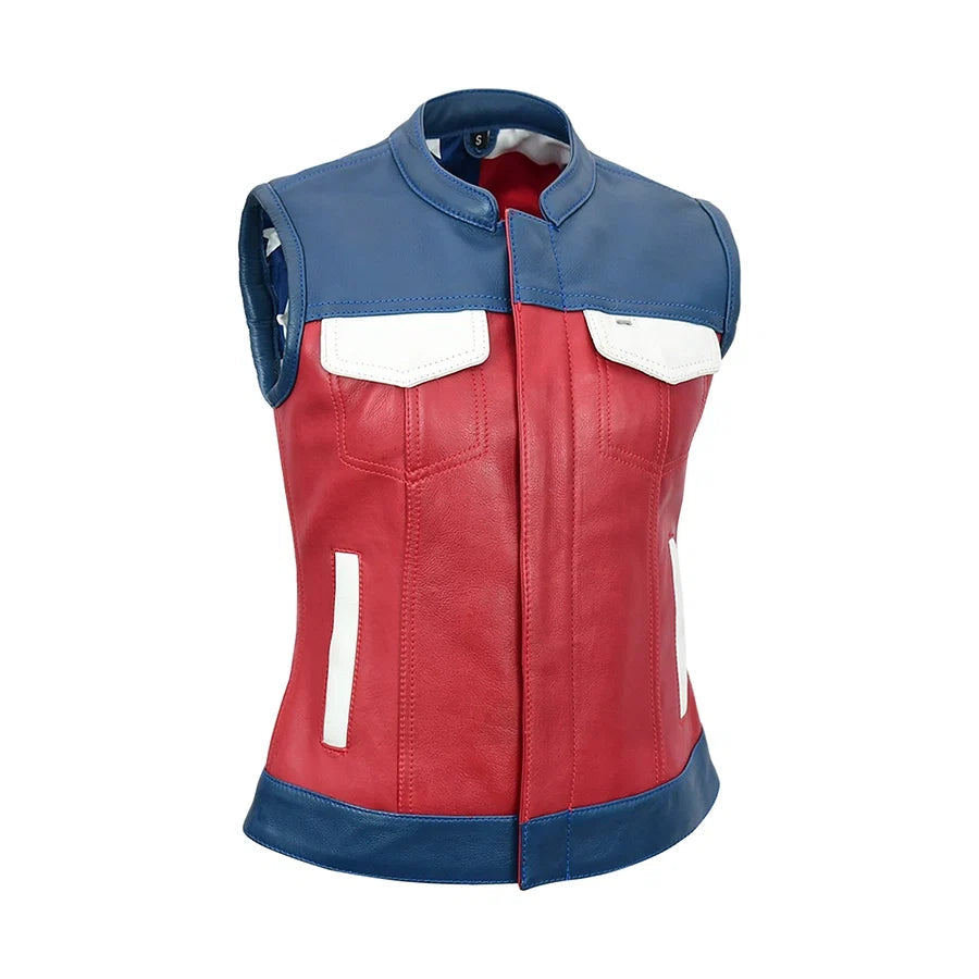 Sea Dragon Dreams Freedom Belle women's motorcycle leather vest in red, white, and navy blue with a band collar.