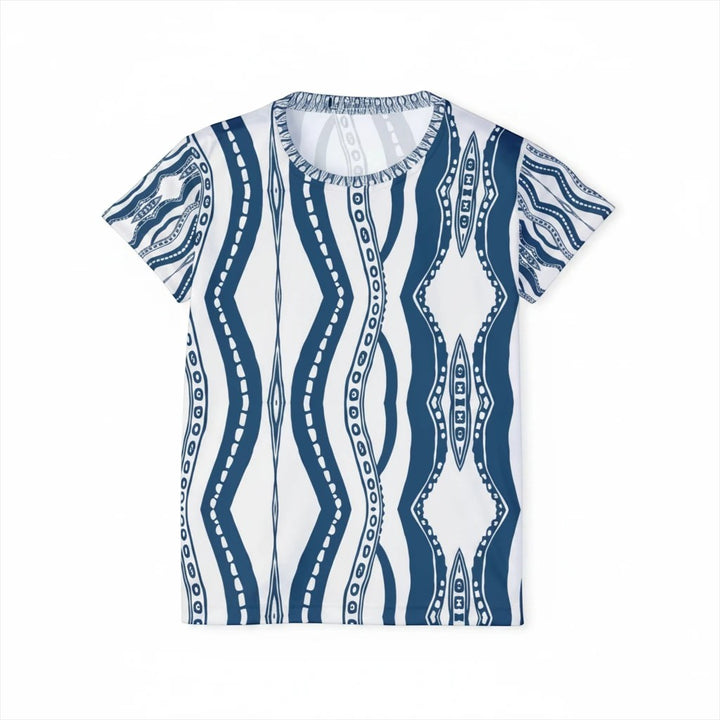 Sea Dragon Dreams women's moisture-wicking sports jersey featuring a blue and white downward octopus pattern