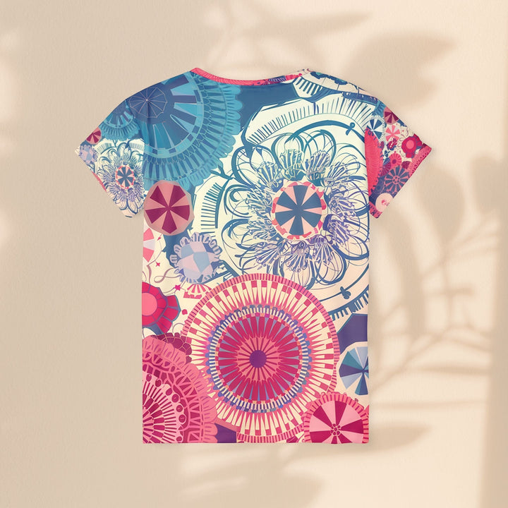 Back view of a Sea Dragon Dreams women's sports jersey featuring a vibrant, multi-colored geometric mandala print.