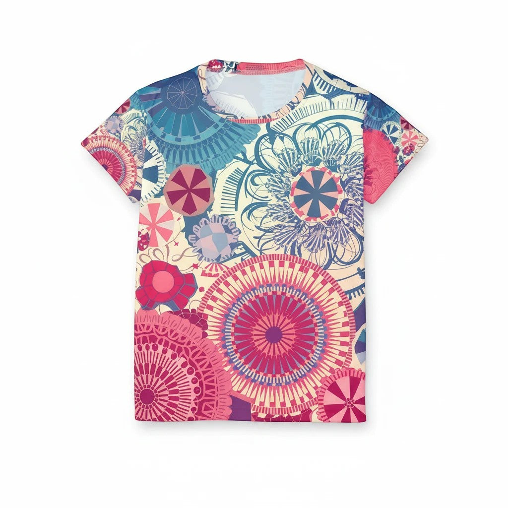 Sea Dragon Dreams women's sports jersey with a vibrant, multi-colored circular pattern on moisture-wicking polyester.