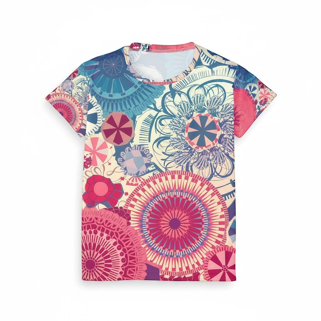 Sea Dragon Dreams women's sports jersey featuring a vibrant, colorful geometric mandala pattern on polyester fabric.