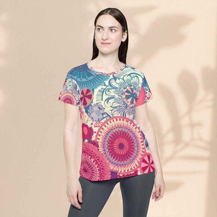 Sea Dragon Dreams women's sports jersey featuring a vibrant, colorful mandala-inspired pattern on polyester fabric.