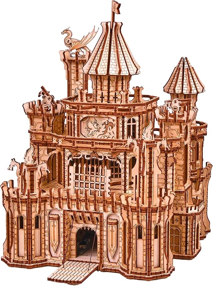 Sea Dragon Dreams Wood Trick Dragon Castle 3D wooden puzzle with intricate mechanical towers and dragon details.
