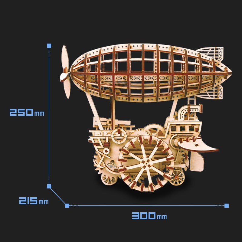 Sea Dragon Dreams wooden mechanical airship puzzle with detailed gear assembly and dimensions shown