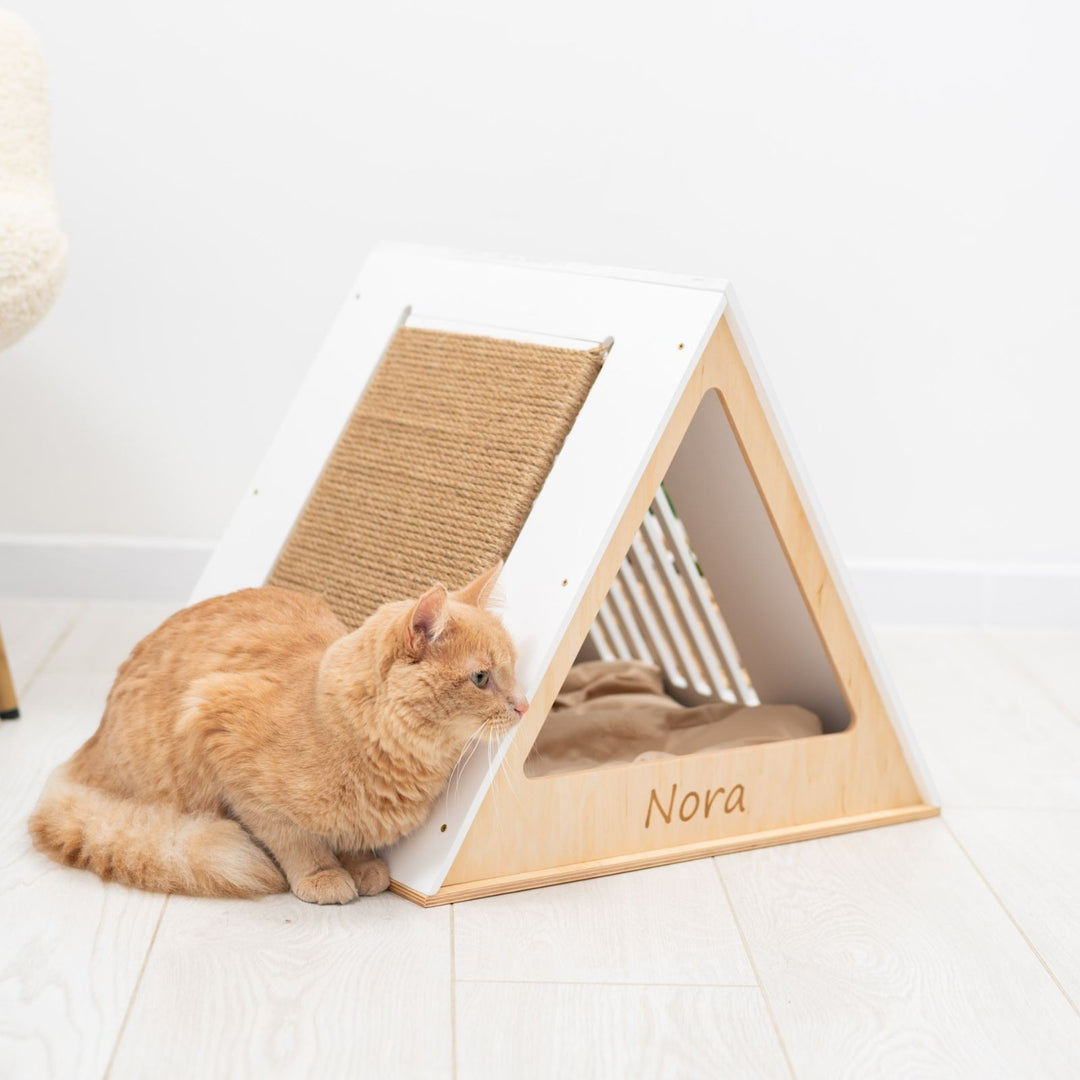 Sea Dragon Dreams modern white wooden cat house with a sisal scratching panel and personalized name Nora
