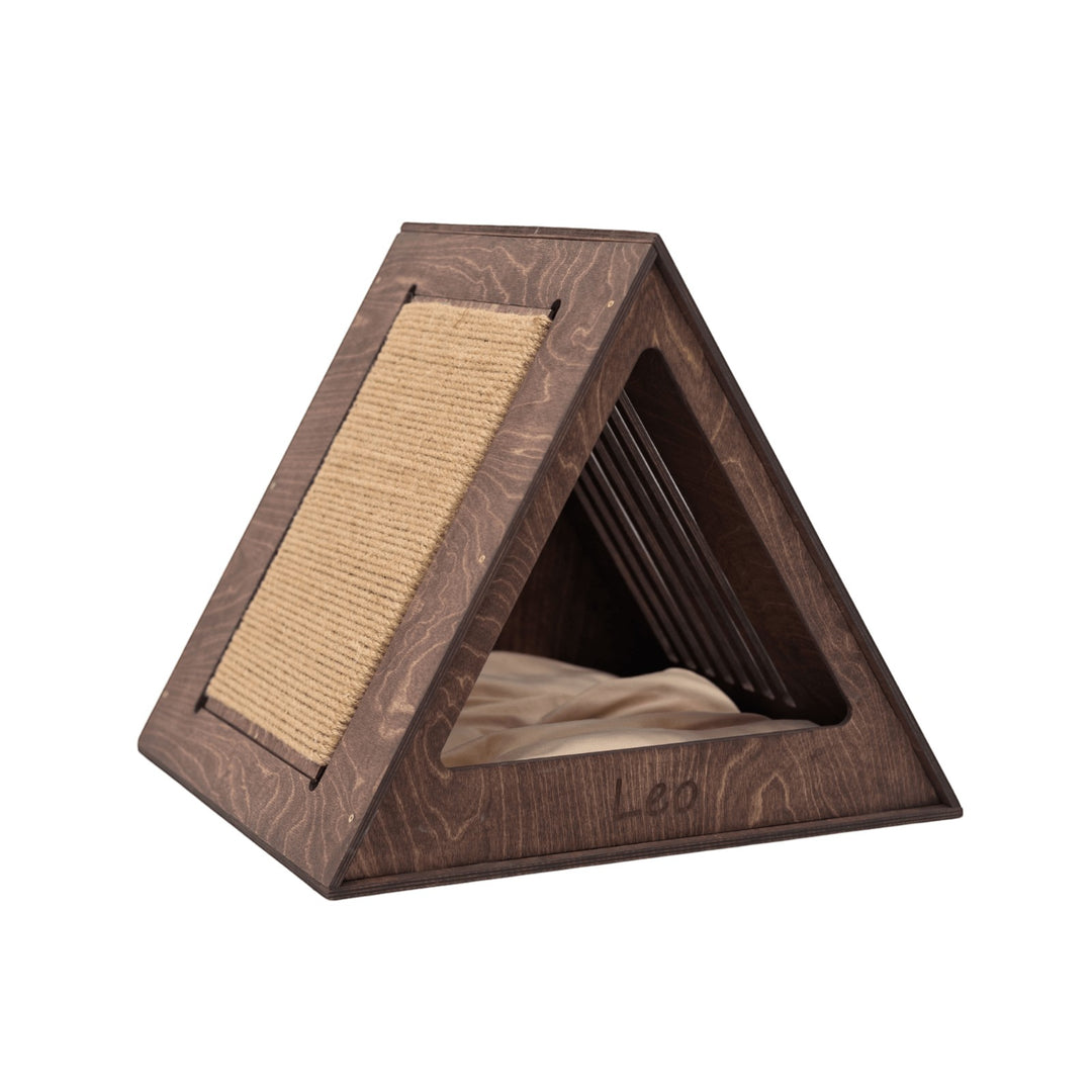 Sea Dragon Dreams triangular wooden cat house with a sisal scratching pad and soft interior cushion