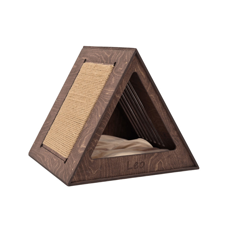 Sea Dragon Dreams triangular wooden cat house with a sisal scratching pad and soft interior cushion