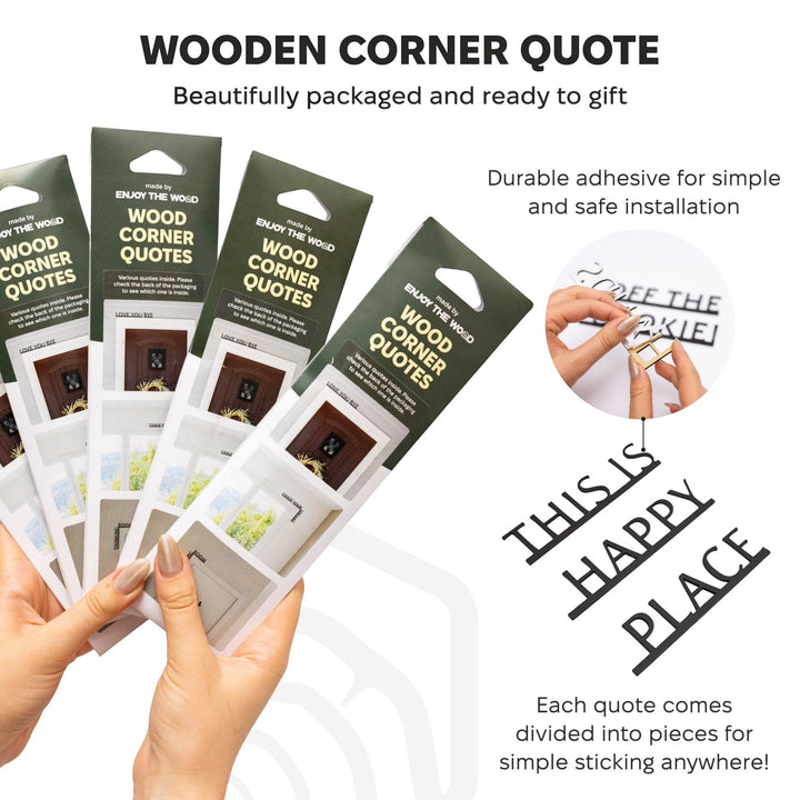 Sea Dragon Dreams wooden corner quote signs in packaging with adhesive pieces for easy installation on door frames.