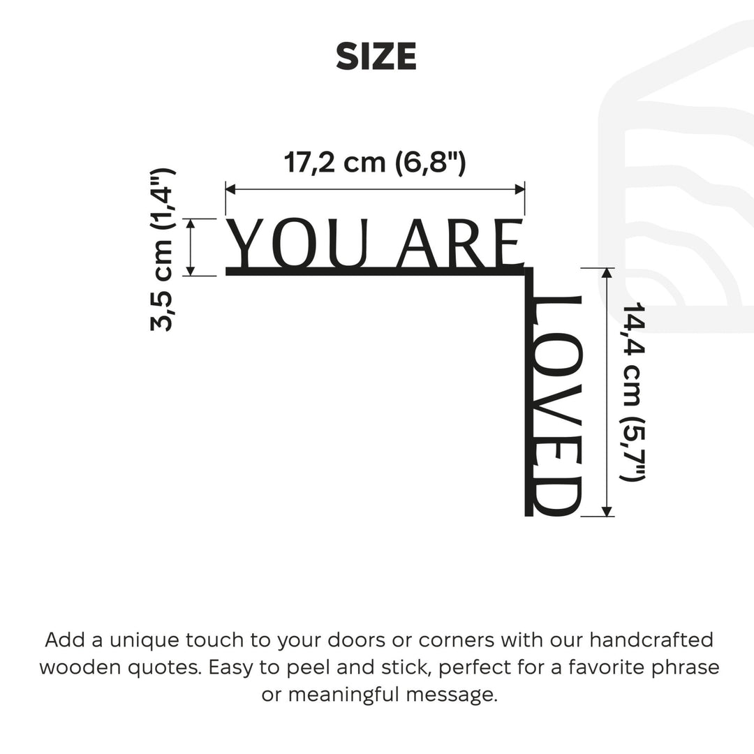 Sea Dragon Dreams wooden corner sign with You Are Loved quote, showing dimensions for shelf or door frame placement.