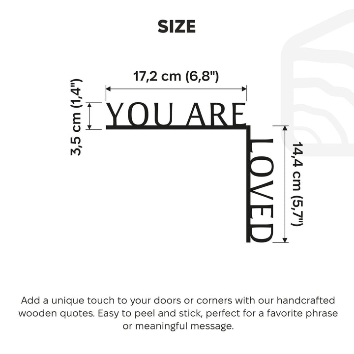 Sea Dragon Dreams wooden corner sign with You Are Loved quote, showing dimensions for shelf or door frame placement.