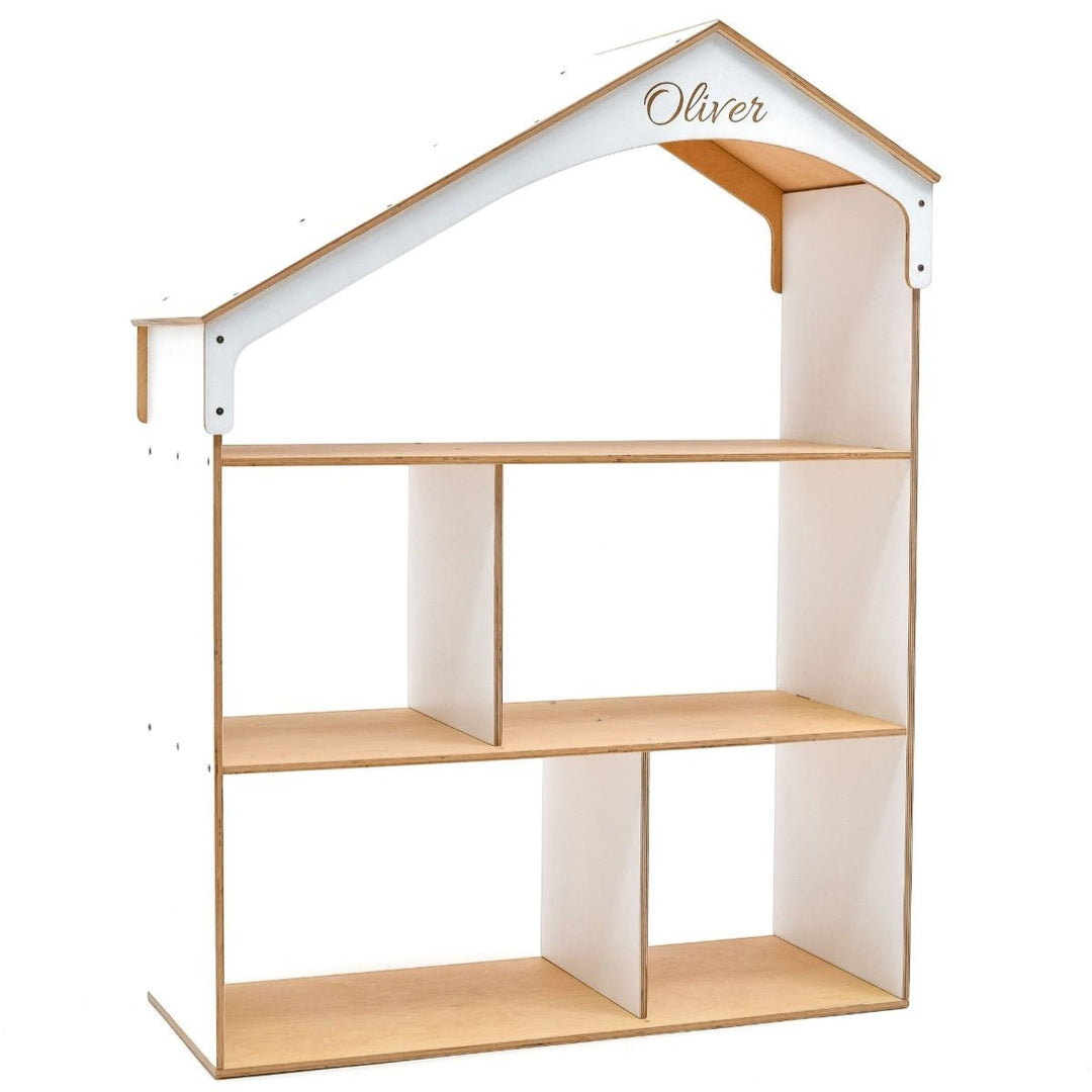 Sea Dragon Dreams personalized wooden dollhouse bookcase with white frame and natural wood shelves for kids storage