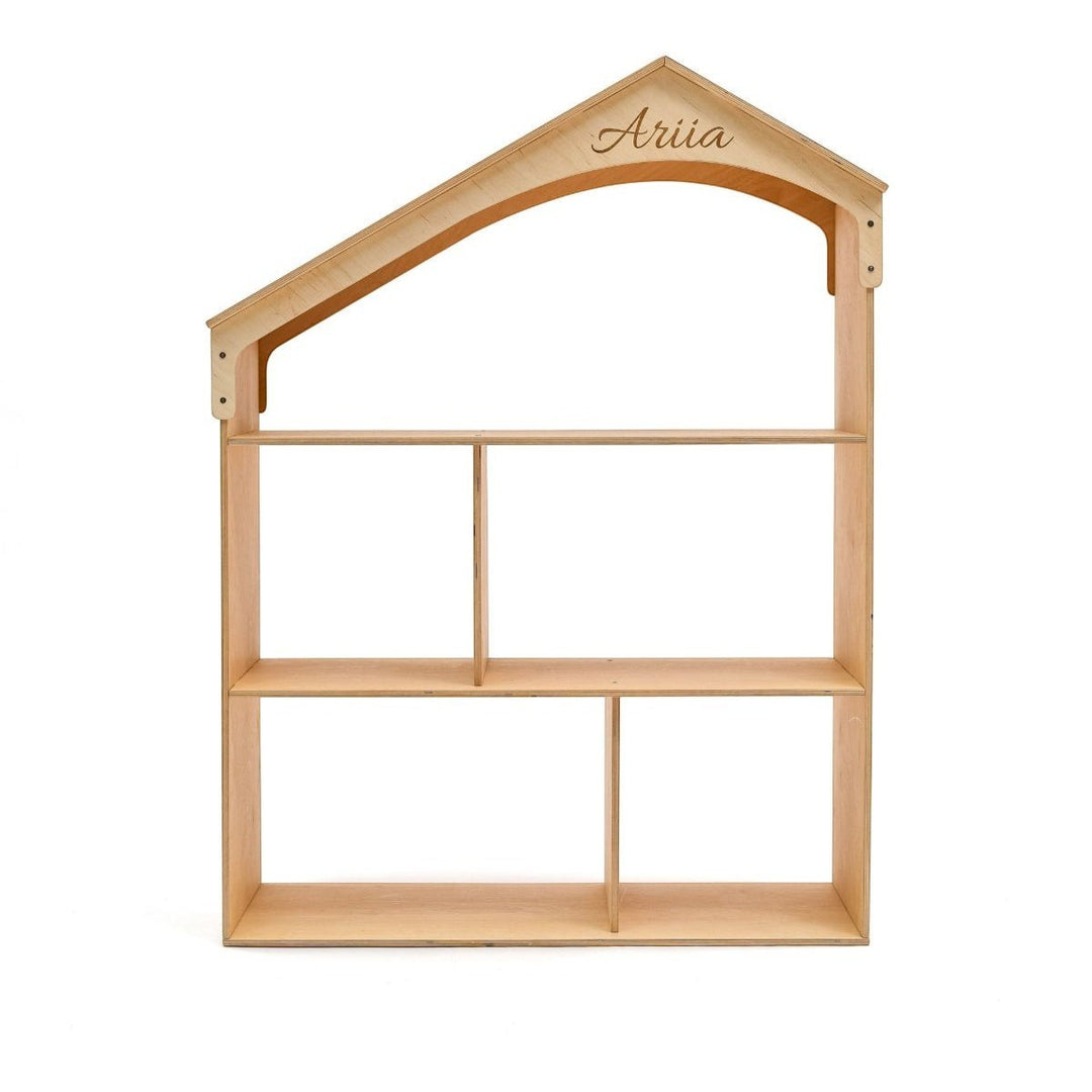 Sea Dragon Dreams wooden dollhouse bookcase with personalized name engraving on the roof for nursery storage.