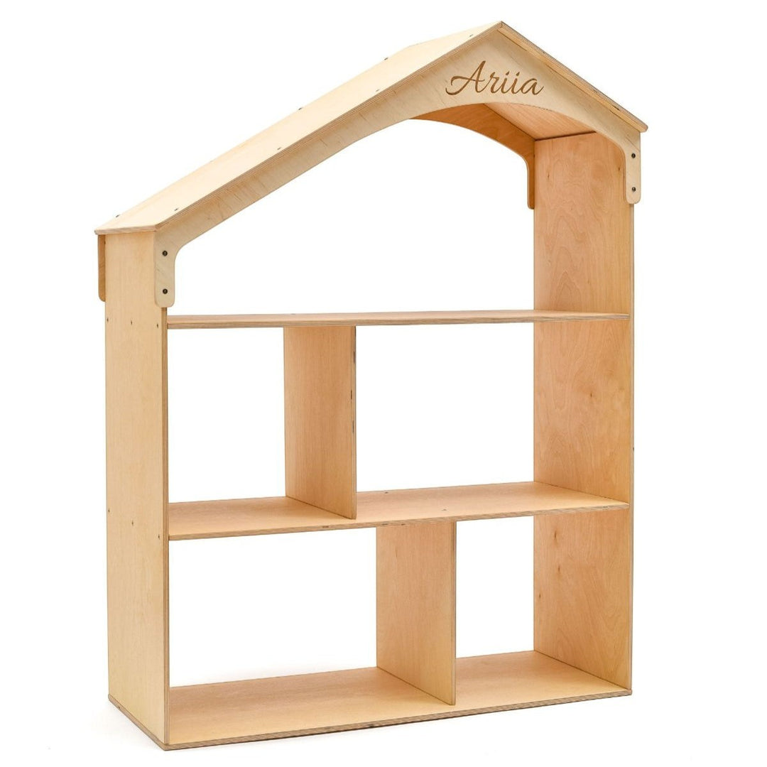 Sea Dragon Dreams wooden dollhouse bookcase with personalized name engraving on the roof for nursery storage