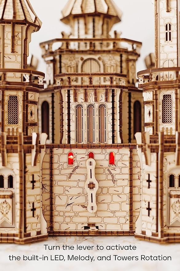 Sea Dragon Dreams Wood Trick 3D wooden dragon castle puzzle with red LED lights and rotating mechanical towers