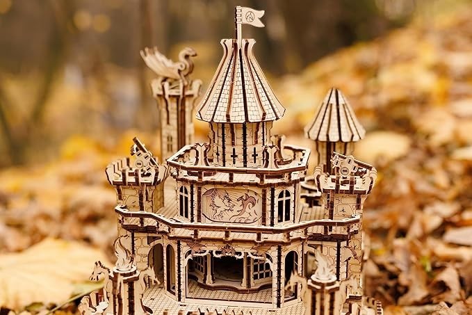 Sea Dragon Dreams Wood Trick 3D wooden dragon castle puzzle with intricate mechanical towers and medieval detailing