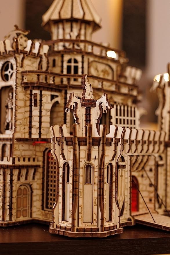 Sea Dragon Dreams Wood Trick 3D wooden dragon castle puzzle with intricate mechanical towers and red LED lighting.