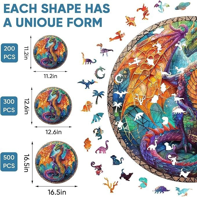 Sea Dragon Dreams 500-piece wooden dragon puzzle with unique shaped pieces and 3D vision effect fantasy artwork.