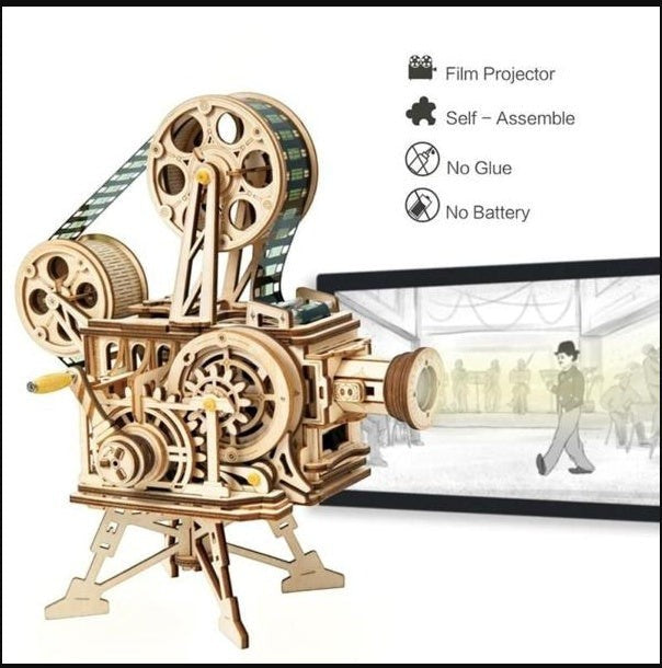 Sea Dragon Dreams wooden film projector 3D puzzle with mechanical gear assembly and hand crank, no batteries required