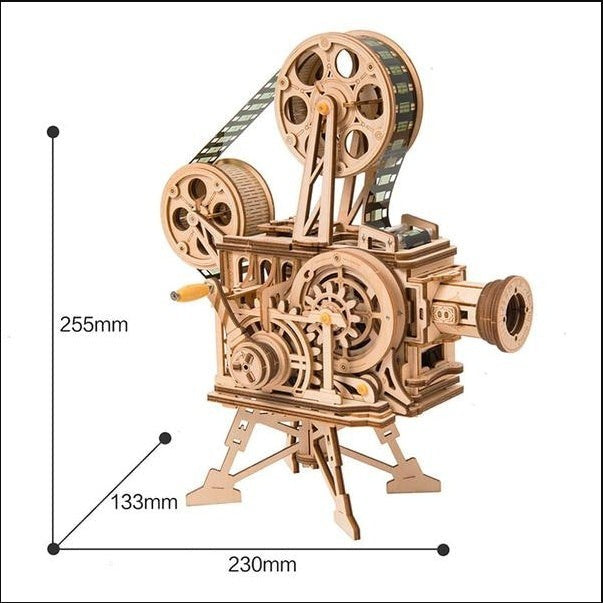 Sea Dragon Dreams wooden mechanical film projector 3D puzzle with hand crank and gear assembly showing dimensions