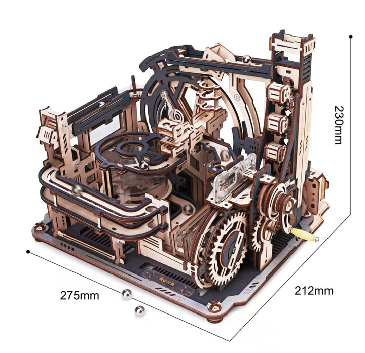 Sea Dragon Dreams wooden mechanical marble run puzzle with intricate gear assembly and hand crank mechanism