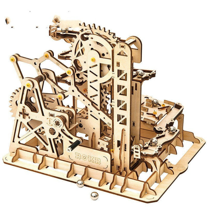 Sea Dragon Dreams wooden mechanical gear marble run puzzle with hand crank assembly
