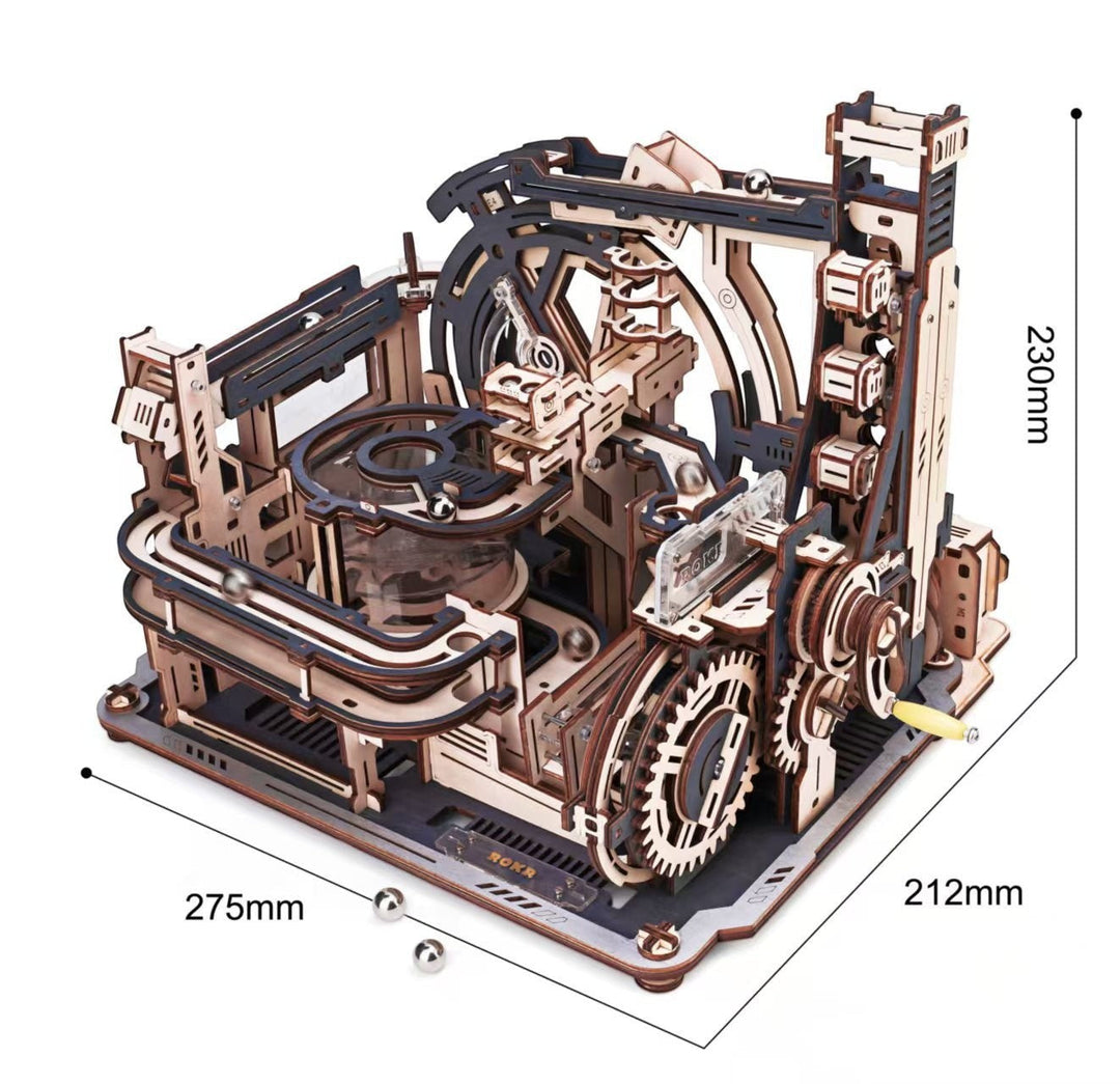Sea Dragon Dreams wooden mechanical marble run puzzle with intricate gear assembly and hand crank mechanism
