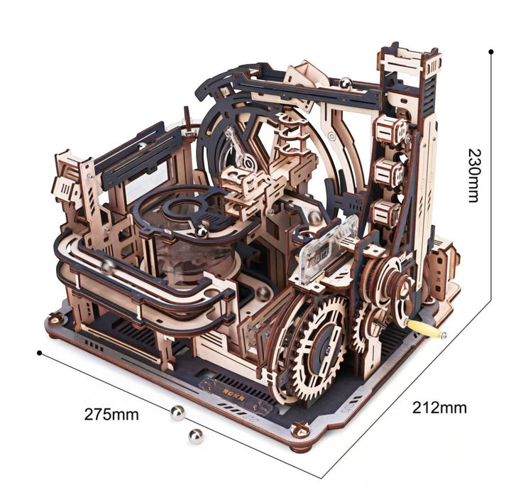 Sea Dragon Dreams wooden mechanical marble run puzzle with intricate gear assembly and hand crank mechanism