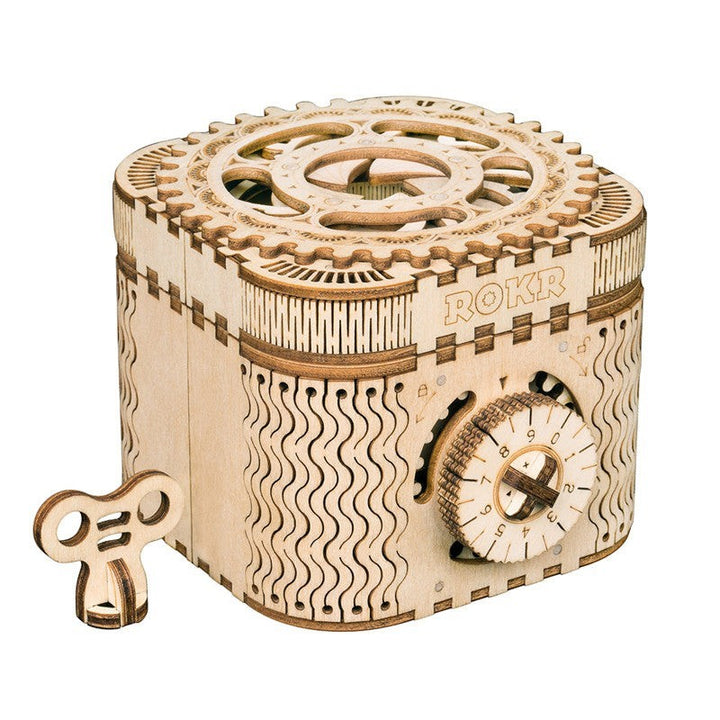 Sea Dragon Dreams wooden mechanical gear puzzle box with a dial and winding key, featuring intricate laser-cut details.