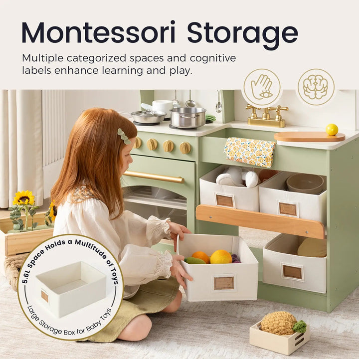 Sea Dragon Dreams Tiny Land wooden play kitchen in sage green with storage bins and pretend cookware for toddlers