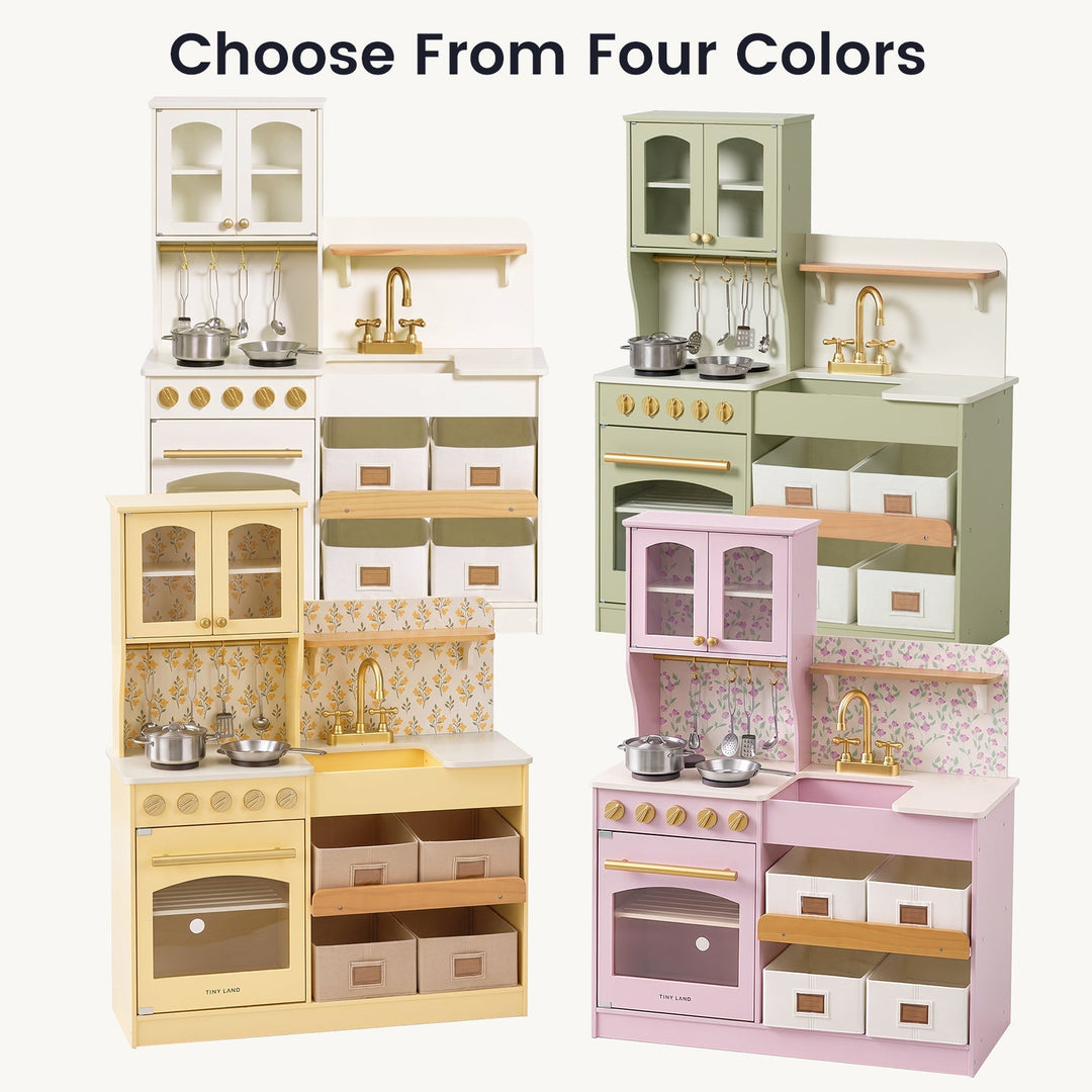 Sea Dragon Dreams Tiny Land wooden play kitchens in cream, sage, yellow, and pink with storage and pretend cookware.