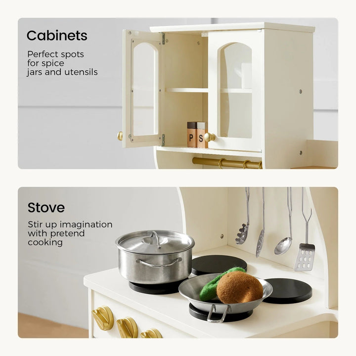 Sea Dragon Dreams Tiny Land wooden play kitchen featuring cream cabinets with storage and a stove with toy cookware.