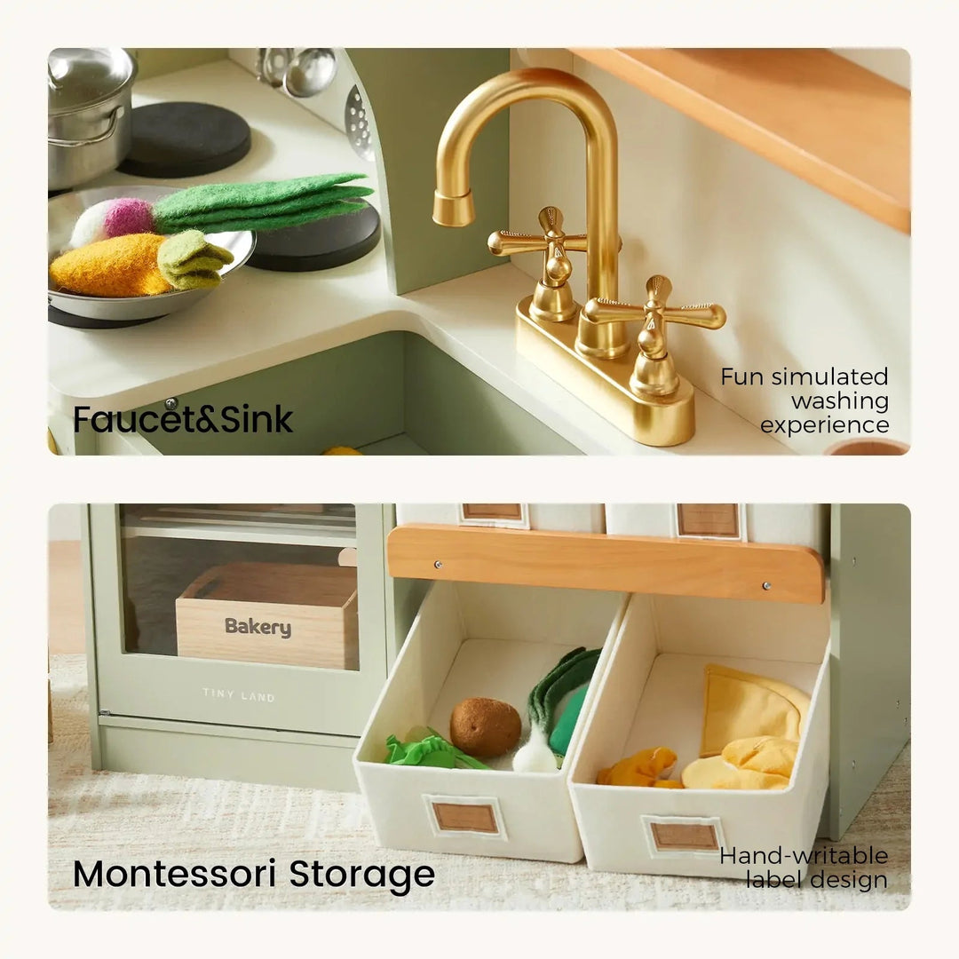 Sea Dragon Dreams Tiny Land wooden play kitchen with gold faucet, sink, and Montessori storage bins for toddlers.