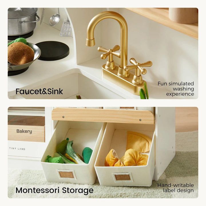 Sea Dragon Dreams Tiny Land wooden play kitchen featuring a gold faucet, sink, and Montessori storage bins with labels.
