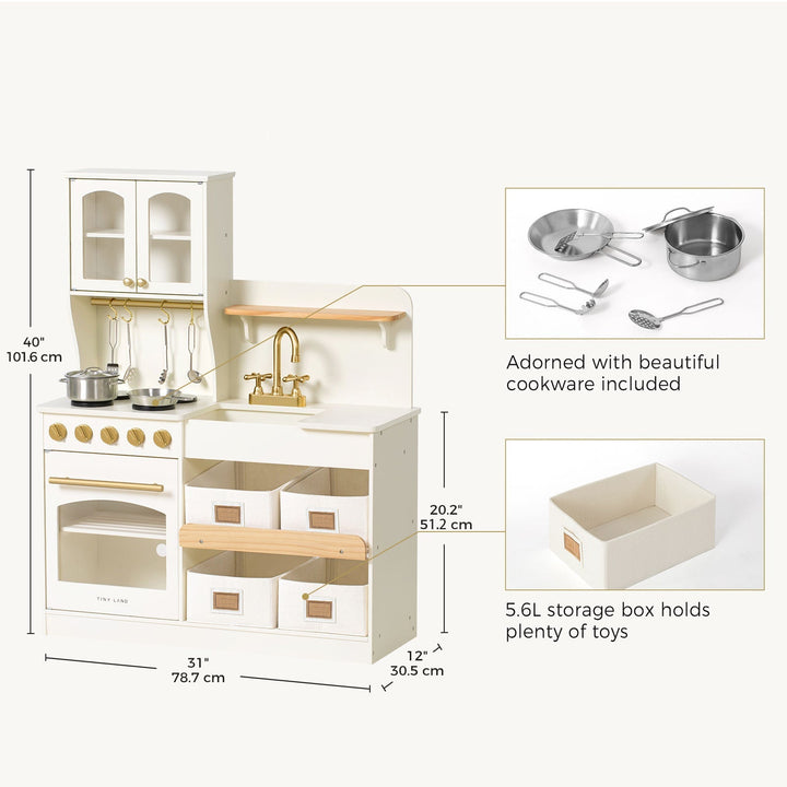 Sea Dragon Dreams Tiny Land wooden play kitchen in cream with storage bins, gold faucet, and included toy cookware.